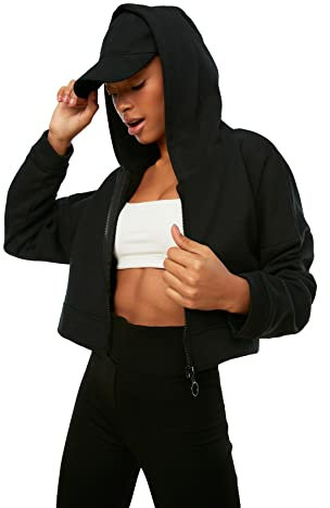 TRENDYOL Hooded Crop Gestrickt Singard Sweatshirt Felpa con Cappuccio, Nero, M Donna