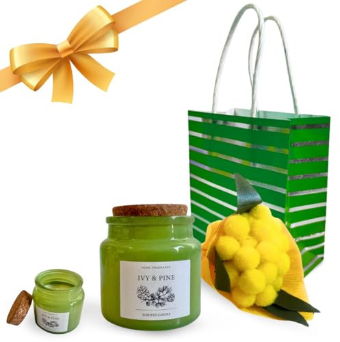 NARAMAKI® Idea Regalo per la Donna - Sacchetto Regalo con Candela Profumata per Ambienti in Vaso di Vetro + Bouquet - Regalini Fine Festa - Aromi| Essenze -Compleanno|Amica|Nonna|Mamma