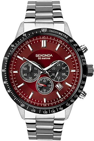 Sekonda Herren Quarzwerk Armbanduhr, 48.00mm GehäusegröÃŸe mit rot analog Zifferblatt und Silber Metall Armband 1914