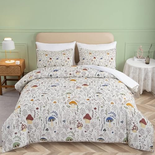 SOULZZZ Pilz-Bettdecken-Set, 3-teilig, bunte Pilzdekoration, Doppelbettbettwäsche mit Pflanzen und Blumen, ästhetische Kawaii-Raumdekoration, Bettdecke für Kinder, Erwachsene, Doppelbett, cremefarben