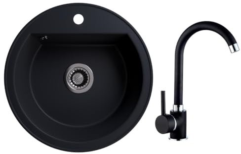Rein Schwarz LINDBERGH® Granit Spüle mit Armatur TON44 + 1-Galo + Siphon Einbauspüle Küchenspüle Spülbecken + DREHEXCENTER - Verbundstoffe MADE IN GERMANY (4. Spüle TON44 + Armatur 1-Galo)
