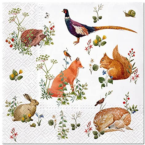 20 Servietten Sch?ne Sammlung an Waldtiere | Fuchs | Eichh?rnchen | Reh | Hase | Fasan | Igel | Tiere | Tiermotiv | Sommer | Herbst | Tischdeko 33x33cm**G
