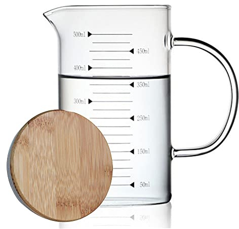 TAMUME Glass Measuring Cup for Baking, with Bamboo Lid, Measuring Jug for Kitchen (500ML)