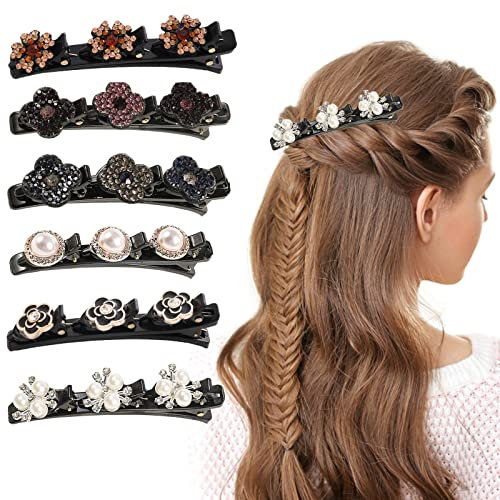6 pièces - Barrette à Cheveux Latérale à Trois Fleurs, pinces à cheveux tressées, Barrette Cheveux Femme Latérale, Mini Barrettes Double Couche pour Femmes Filles Accessoires Cheveux