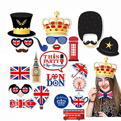 25P Union Jack Crown Photo Booth Props for VJ Day Celebration Party Decorations,British Flag Photos Prop VJ Day 80 Year Victory Patriotic Party,UK Photo-Booth for Great Britain Royal Partys