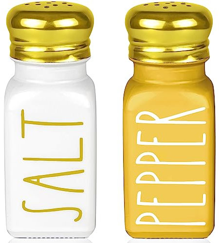 Farmhouse Gold Salt and Pepper Shakers Set by Brighter Barns - Glass Shakers & Stainless Steel Lid - Modern Farmhouse Decor for Restaurant, Airbnb, Wedding, Gifts - Luxury Kitchen Accessories (Gold)