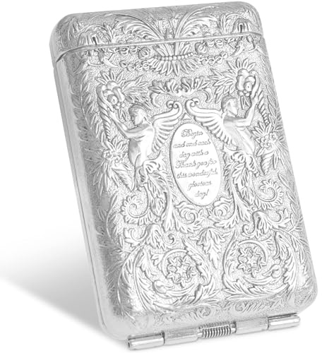 BOZILY Retro European Vintage Metal Cigarette Case Holder - Personalised Angel Garden Design, Holds 14 Cigarettes 84mm (Silver)