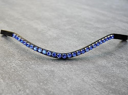 GlücksHucke Slim Wave Stirnriemen in Blau geschwungen, schmal 'King'- große Glitzer Chatons mit silberner Einfassung in schönem Königsblau (KB, Lederfarbe Schwarz)
