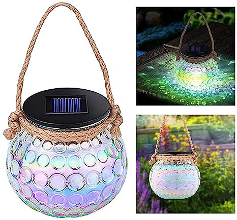 Tuzsocr Solar-Laterne, für den Außenbereich, Garten, Solarlampe, Einmachglas, Beleuchtung für den Garten, aus Crackle-Glas, LED, Hängeleuchte, wasserdicht, Solarkugel, Glas, für Innen und Außen, 2