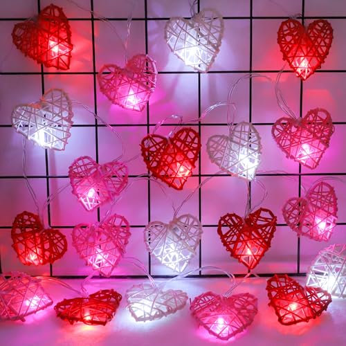 [Timer] Valentines Day Decoration Red Pink White Heart Lights 10FT 20LED 3D Hollowed Rattan Big Heart String Light Battery Operated, Valentines Day Lights Romantic Valentines Decorations Bedroom Party