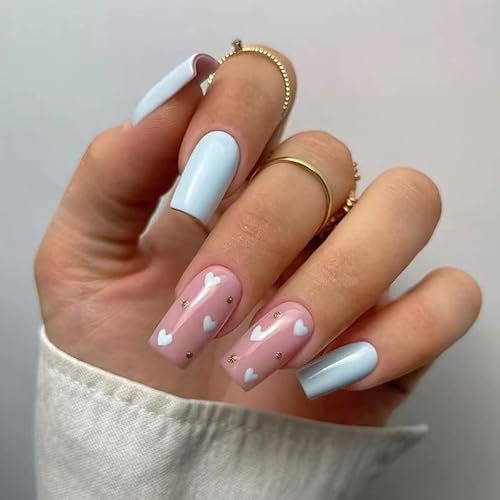 24pcs Medium Square False Nails Blue Pink Stick on Nails Love Heart Glitter Gold Press on Nails Removable Glue-on Nails Acrylic Full Cover Fake Nails Set Women Nail Art Accessories