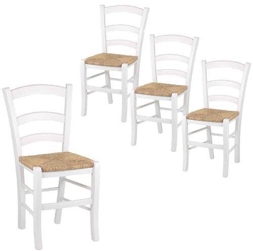 VIRSUS Set 4 Sedie Paesana in Legno con Seduta in Paglia, Misura 43x42x86 cm, Sedia Tradizionale Robusta, per Casa, Cucina, Agriturismo, Ristorante, Made in Italy (Bianco)