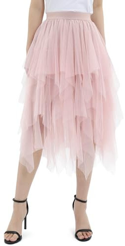 zffriction Gonna in Tulle Donna Gonna Lunga in Tulle a Vita Alta Elastica Irregolare Estiva Tulle Gonna per Quotidiana, Carnevale, Party (IT, Testo, Taglia Unica, Regular, Regular, Rosa)