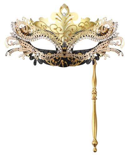 Oidea Women's Masquerade Mask with Stick: Rhinestones Deecorations Mardi Gras Venetian Mask Halloween Carnival Party Costume Ball Mask, Black Gold