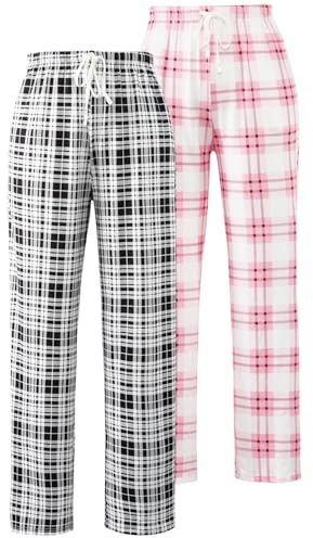 Knuffnee Women Pyjama Bottoms Lounge Plaid Pants Wide Leg Sleep Pant with Pockets 2 Pack