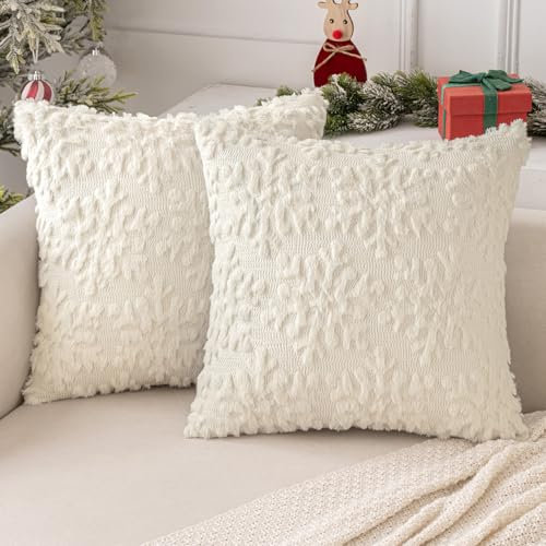 MIULEE Weihnachten Kissenbezug Weihnachtstag 2er Set Kurz Wolle und Samt Kissenbezüge Deko Luxuriöses Winter Zierkissenbezug für Sofa Schlafzimmer Wohnzimmer, Schneeflocken, Creme, 45x45cm