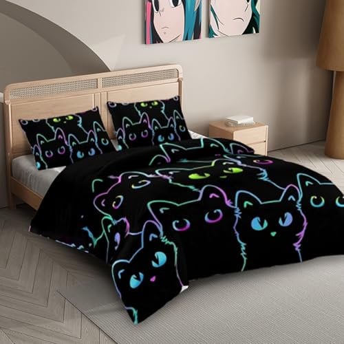 WAVATA Katzen Bettwäsche Set für Kinder, Bettbezüge Farbverlauf, Niedlich Cartoonartig Bettwäsche inklusive Bettbezug (200x135cm) und 2 Kissenbezügen (80x80cm), für Jungen und Mädchen (A)