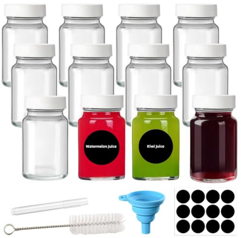 MEETOZ 12 Pack 2oz/60ml Reusable Mini Clear Glass Shot Bottles,Wellness Shots Bottles for Juice, Ginger, Small Glass Jars,with Lids, Funnel, Labels, Pen,Cleaning Brush