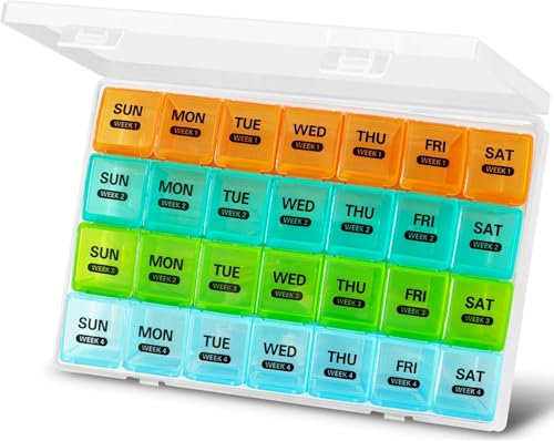 Eastrise Large Monthly Pill Box Organiser - 28 Day Travel Medicine Box with 4x7 XL Compartments, Dust-Proof & Lockable Tablet Case, BPA-Free Vitamin Holder(Colourful)