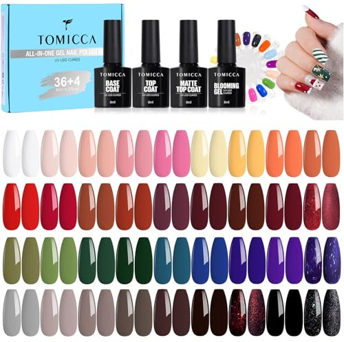 TOMICCA 42PCS UV Nagellack Herbst/Winterfarben Set, 36 Farben Rot Braun Schwarz Blau Gel Nagellack & 4PCS Base Top Coat Set mit Blooming Gel & 2 * Rund Nagel Display, für Nagelstudio & DIY Home