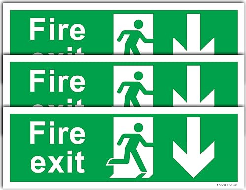 Evoges Fire Exit Arrow Down Sign Landscape 300mm x 100mm, Self Adhesive Vinyl, Pack of 3