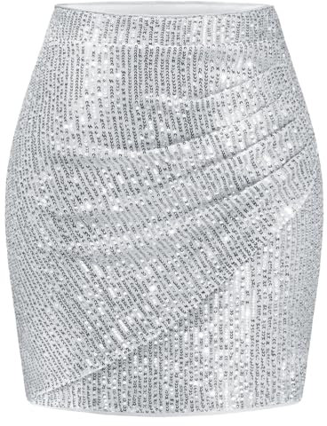 Aupuls Damen Rock Elegant Glitzer Rock Damen Sexy Rock Pailletten Silber Rock Mini Asymmetrische Faltung Fasching Damen Weihnachts Rock Damen Rock Silber Damen Glitzer Rock AUPR001SilverXL