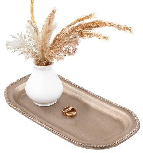 DN DECONATION Holztablett Deko Oval Tablett Serviertablett Vintage Gold Dekotablett Holz mit Perlen Serviertabletts Kerzen Holztabletts für Wohnzimmer Tisch Badezimmer