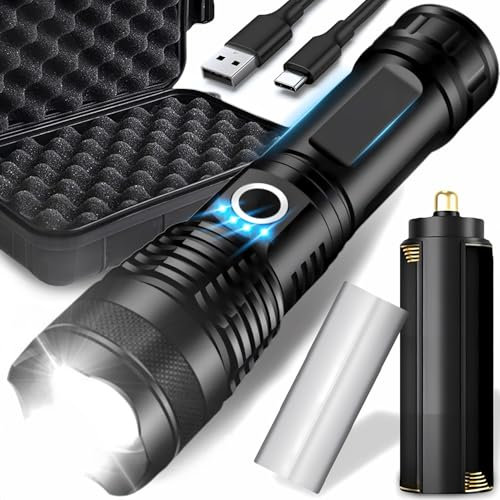 Retoo Linterna LED extremadamente brillante, 5000 lúmenes, zoom, con 5 modos, linternas tácticas, alcance de 1500 m, recargable por USB C, funciona con pilas, resistente al agua, para exteriores,