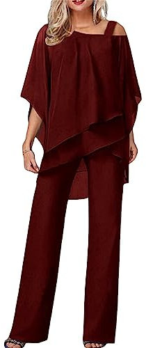 Generico Overall für Damen, elegant, Zeremonie, 2-teilig, Hose mit weitem Bein, modisch, lässig, bequem, einfarbig, Komplettset Curvy Playsuit Chic für Hochzeiten und Partys, 02#rot, XL