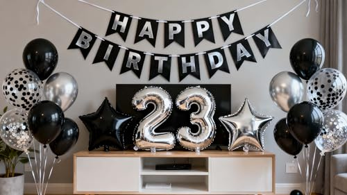 23. Geburtstag Dekorationen Silber Schwarz Geburtstag Banner Nummer 23 Folienballons Latex Konfetti Ballons für 23 Jahre Männer Frauen Partyzubehör (23)