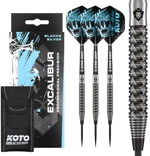 KOTO - Excalibur 90% Darts 23 G, Schwarz & Silber, Darts Set inkl. 3 Barrels, Flights + Shafts & Dartwallet, Fester Ringgrip