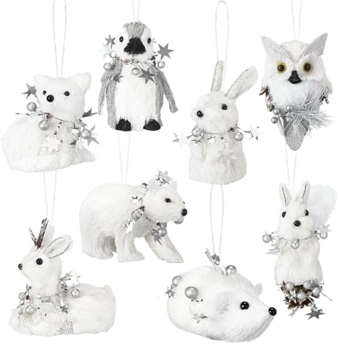 Vercraft 8 Pack White Sisal Woodland Animals Christmas Ornaments Winter | Christmas Tree Hanging Ornaments Set Natural Sisal Straw Figurines Rustic Forest Hanging Accessory for Winter Fairy Decor