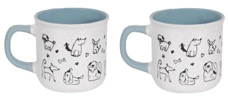 Set of 2 Dog Themed Mugs Blue Interior - 11 Ounce 310ml Modern Contemporary - Tea Coffee Cups Latte Cappuccino Hot Chocolate Drinks - Home Kitchen Work Office Mug Set Dog Lover Gift