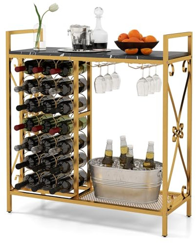 GOPLUS Étagère à Vin avec Casier à Vin 21 Bouteilles, 2 Porte-Verres pour 6 Verres, Table de Bar à Vin Style Industriel Grand Plateau pour Salle à Manger, Cave, 93x38x102cm (Jaune)
