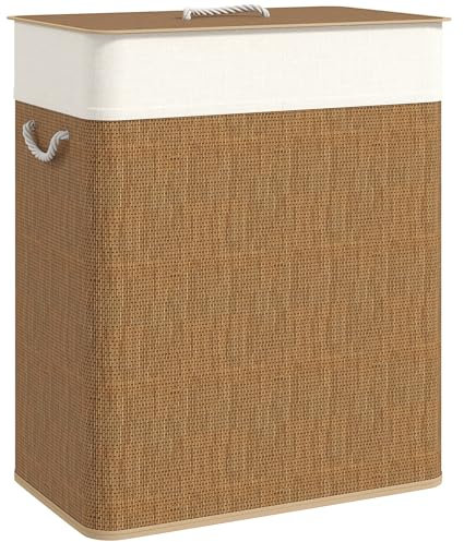 HOMCOM Cesto de Ropa Sucia con Tapa 100L Cesta Colada de Bambú con 2 Compartimentos Bolsa Interior Extraíble para Lavandería Dormitorio 52x32x63 cm Marrón