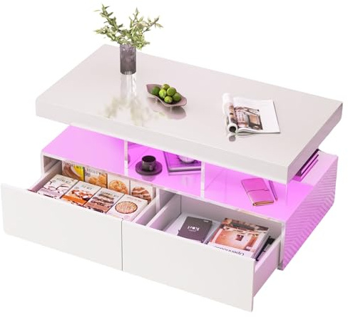 FOERPL LED Couchtisch Modern Hochglanz Weiß,Wohnzimmertisch mit 2 Schubladen und Offenem Stauraum, Rechteckiger Sofatisch104x53x46cm