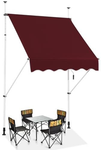 COSTWAY Klemmmarkise 150 cm breit, Balkonmarkise ohne Bohren, UV-beständig, höhenverstellbar, wasserabweisend, Markise mit Handkurbel, Sonnenmarkise, Sonnenschutz für Balkon (Weinrot)