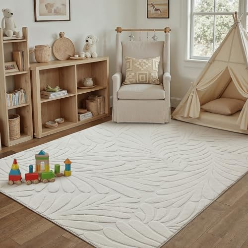 PureCozy Creme Teppich Wohnzimmer 120x180cm Boho Schlafzimmer Waschbarer Teppiche 3D Effekt Kinderzimmer Balkon Bettvorleger Gegend Esszimmer Flauschig Kurzflor Groß Carpet