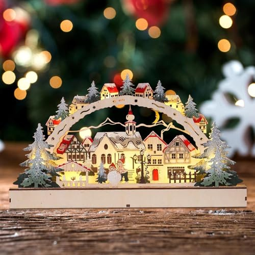 KQWVZ Weihnachtsdekoration 3D Holzbogen, Weihnachtsbeleuchtung Holz Festliche Szenen, LED Schwibbogen, Leuchtende Weihnachtsdekorationen Innen, 3D Holz Kerzenbrücke Weihnachten, Innendekorationen