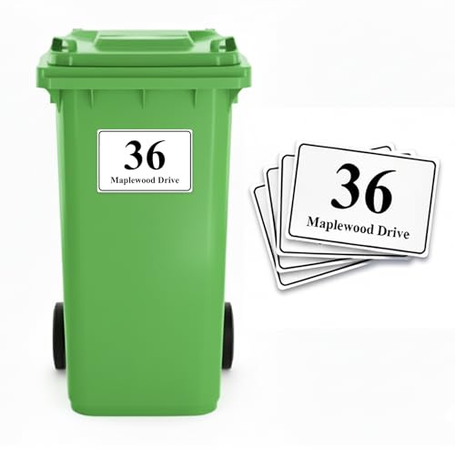 4 x Personalised Wheelie Bin Stickers, Custom Bin Number Stickers with House Number & Street Name, Waterproof PET Bin Labels, UV Resistant, Easy Peel and Stick, 100 x 150mm (Style - Classic)