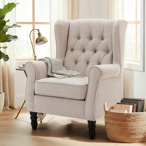 COLAMY Mid-Century Modern Sessel Wohnzimmer, Gepolsterter Wingback-Sessel mit Knopfsteppung, loungesessel Bezug aus Gewebe mit Massivholzbeinen für Wohnzimmer, Büro, Café - Beige