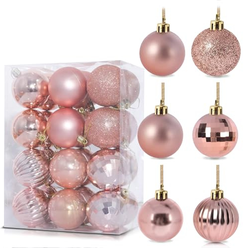 24Pcs Rose Gold Baubles for Christmas Tree, 6cm Shatterproof Plastic Christmas Balls Ornaments with Strings,6 Design Xmas Baubles Hanging Balls for Indoor Outdoor Xmas Holiday Party Decor