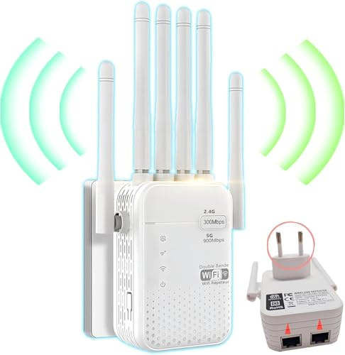 Générique Ripetitore WiFi Potente, Amplificatore WiFi, Ripetitore WiFi Esterno, 300 Mbps, 2.4 GHz, 6 Antenne, 2 Porte LAN, Modalità Ripetitore & Router & AP, Copertura WiFi di 300 m², R081