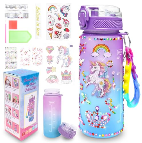 ATopoler Decorate Your Own Water Bottle Kids,Unicorn Water Bottle with Glitter Gem Stickers for Girls Age 4 5 6 7 8 9 10 11 12,600ml Leak Proof,DIY Arts and Crafts Birthday Gifts Toy for Kids