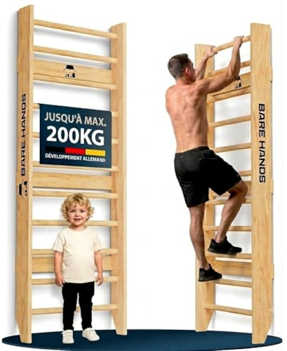 Bare Hands Espalier en Bois pour Adulte et Enfant – Échelle Suédoise Ultra Robuste Jusqu’à 200 kg – Espalier Gym & Musculation pour la Maison – avec ou sans Barre de Traction et Barres à Dips