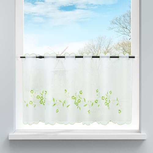 HongYa Voile Scheibengardine Transparenter Cafe Vorhang Kurzstore mit Blüten-Stickerei H/B 45/120 cm Grün