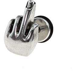 BlackAmazement Piercing Fake Plug 316L Edelstahl Ohrstecker Mittelfinger Finger Silber Punk Biker Herren Damen