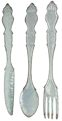 Zeckos Galvanized Grey Metal Fork, Spoon, and Knife Farmhouse Kitchen Decor Wall Hanging Set - 31 Inches High - Transform Your Dining Space with Vintage Appeal