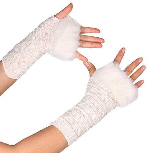 MoreChioce Kunstfell Armstulpen,Damen Winter Wärm Handschuhe Kunstpelz Handwärmer Manschetten Gestrickte Stulpen Handstulpen Armmanschette,Weiß