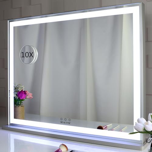 BEAUTME Schminkspiegel mit Beleuchtung,Hollywood-Spiegel mit Licht, Kosmetikspiegel mit 10-facher Vergroßerspiegel Wandspiegel Tischspiegel,Theaterspiegel (56,2x72cm)